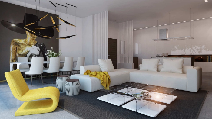 Modern luxury living room in white with grey and bright yellow accents