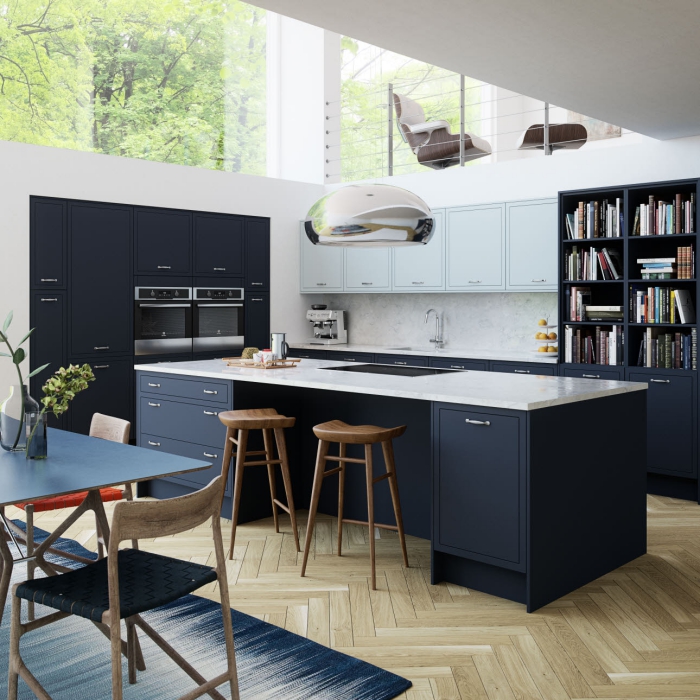 Modern kitchen in in color with shiny metallic lamp and large windows