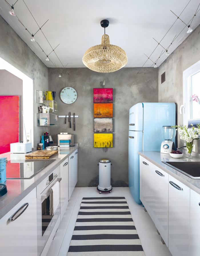 galley kitchenette ideas modern grey and white kitchen with light blue fridge