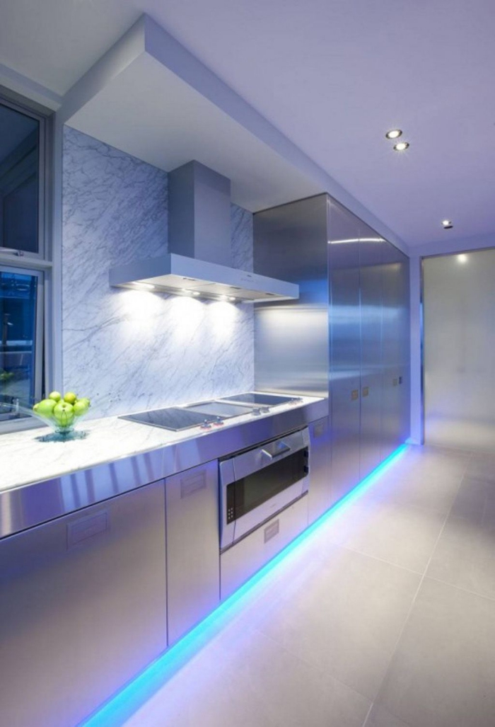 LED lights in a modern kitchen blue floor lighting