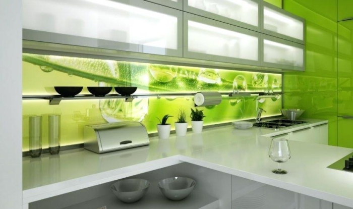 Green led backsplash in a modern white kitchen