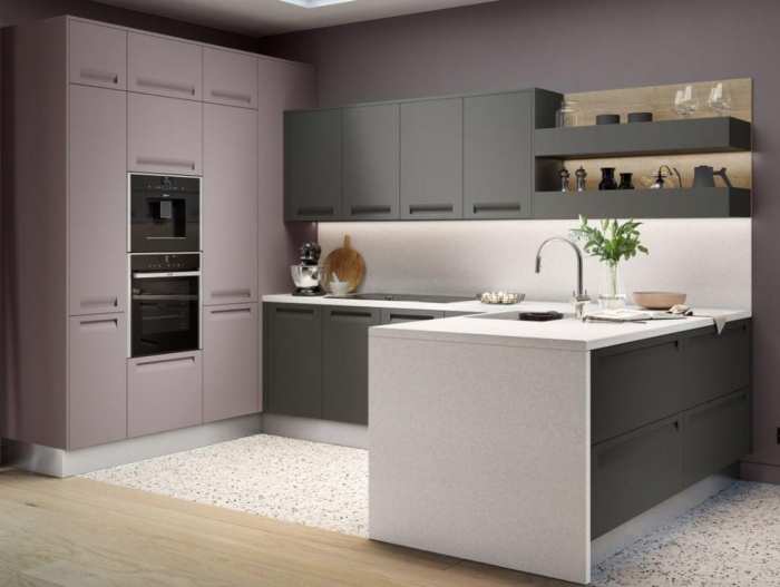 elegant simple minimalist kitchen in two shades of grey and dark wall