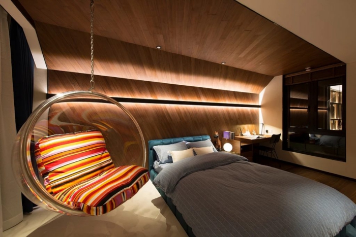 modern bedroom with wooden finish and ambient soft lighting