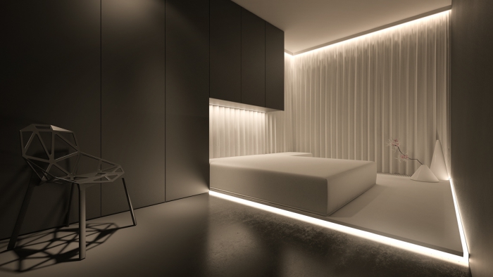 modern minimalist bedroom in white and gray with bright ambient lighting