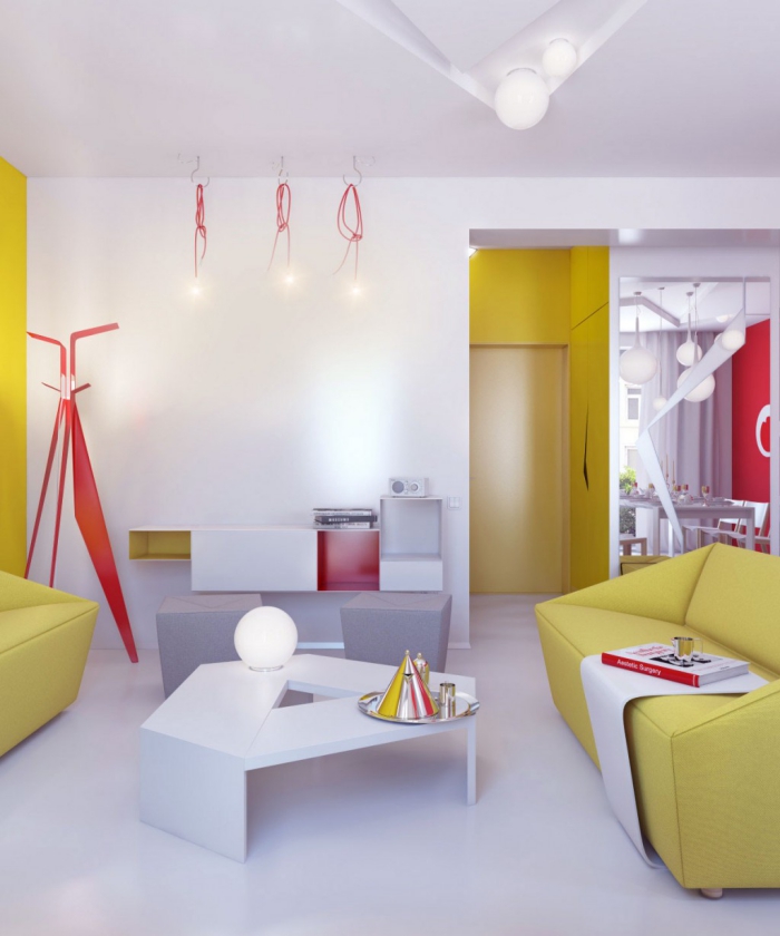 clean sleek modern living room design with pops of yellow and bright red