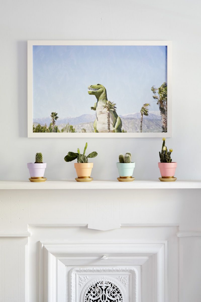modern living room wall with pastel pots and cacti picture of a dinosaur