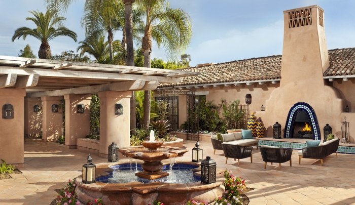 Rancho Valencia Resort & Spa in California yard view rancho style fountain and fireplace