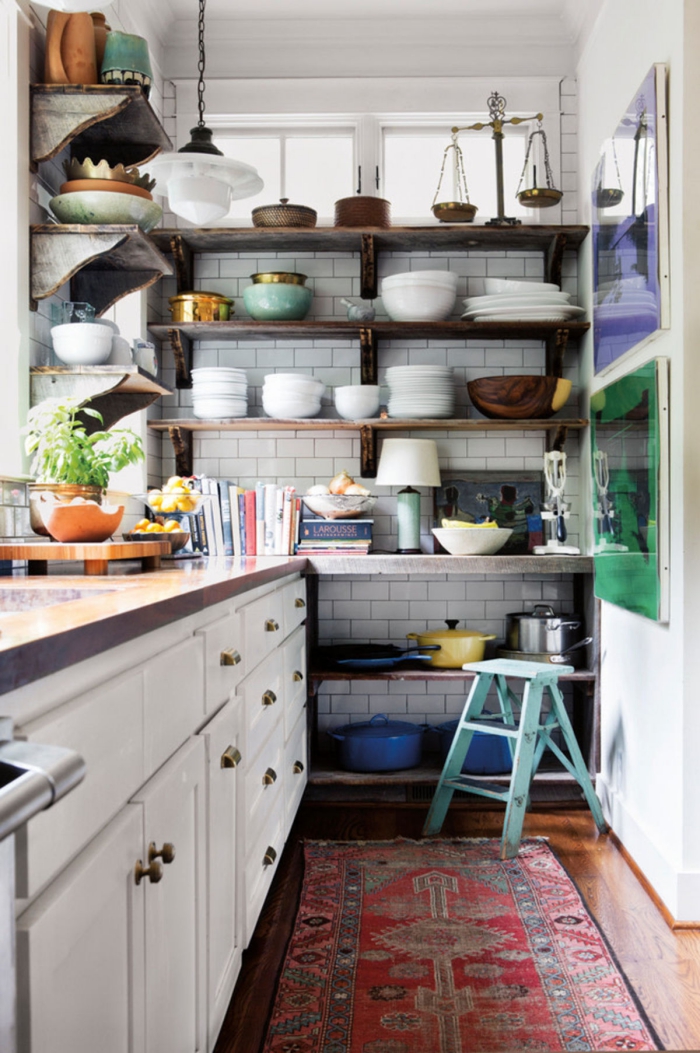 small kitchen with open shelves 