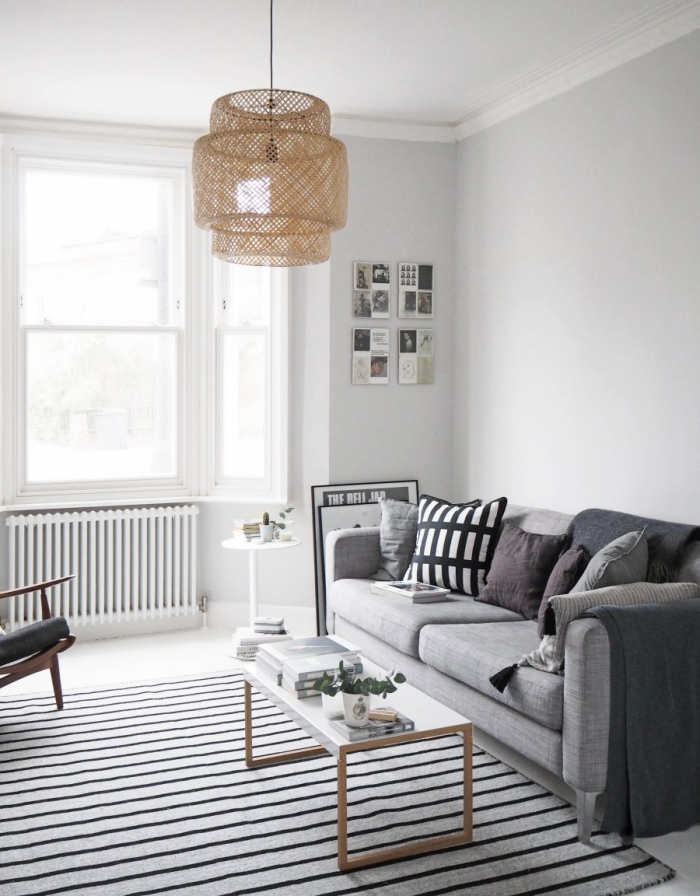 airy Scandinavian style living room with soft grey walls 