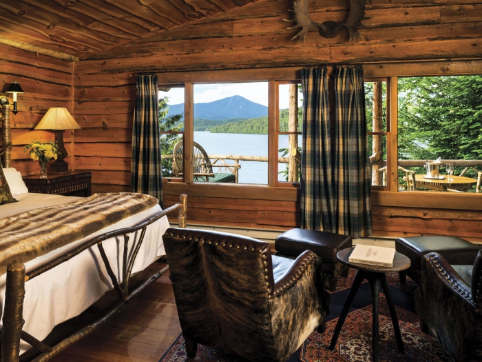 Wooden hotel interior lake view cottage style