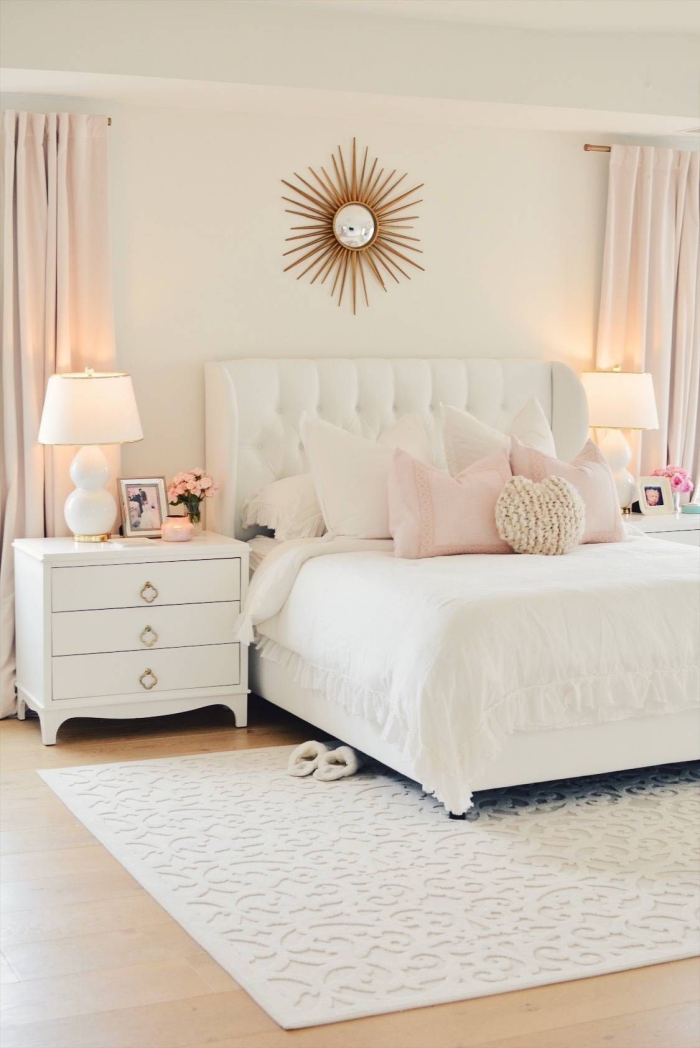 light bedroom in white with pastel and gold accents