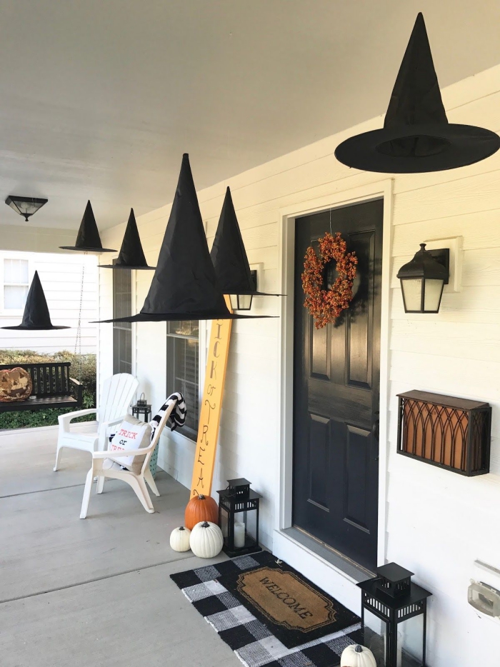 Witch Hats Halloween decorations porch with black witch hat garland