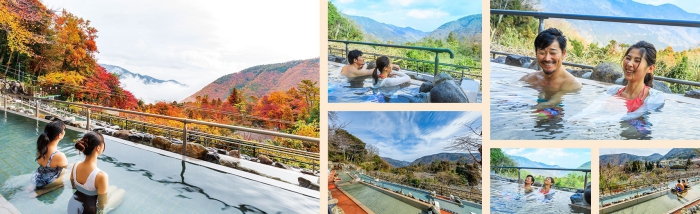 Yunessun Spa Resort people enjoying hot water outdoor pools and autumnal view over a mountain