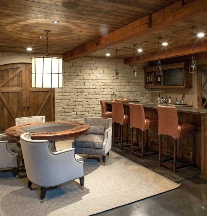 wooden basement kitchen with a bar secondary kitchen