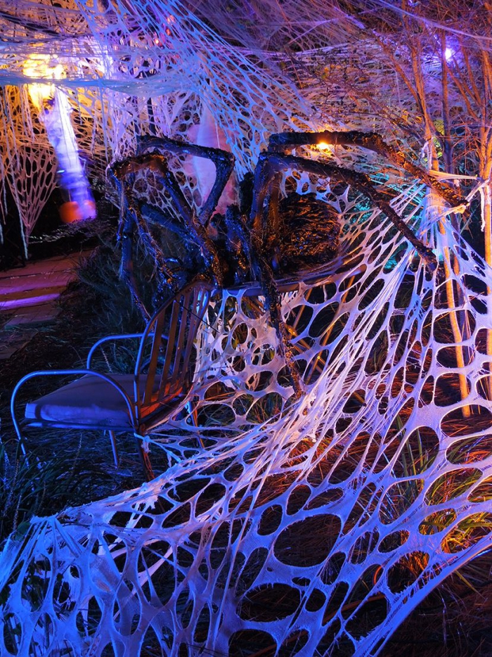 Indoor Halloween spider web with a giant spider and creepy lighting