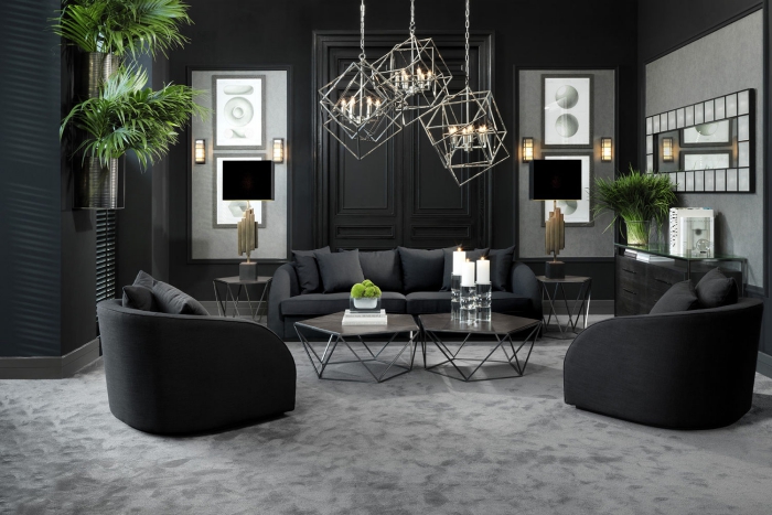 Shades of grey in a luxury modern living room with abstract metal lights and plants