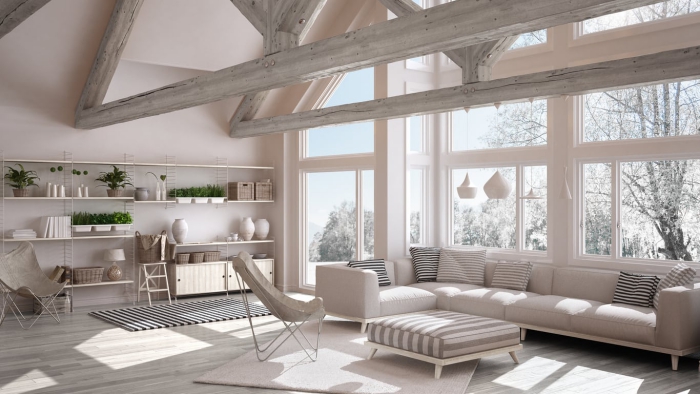 living room in with large windows all white Scandinavian style stripes