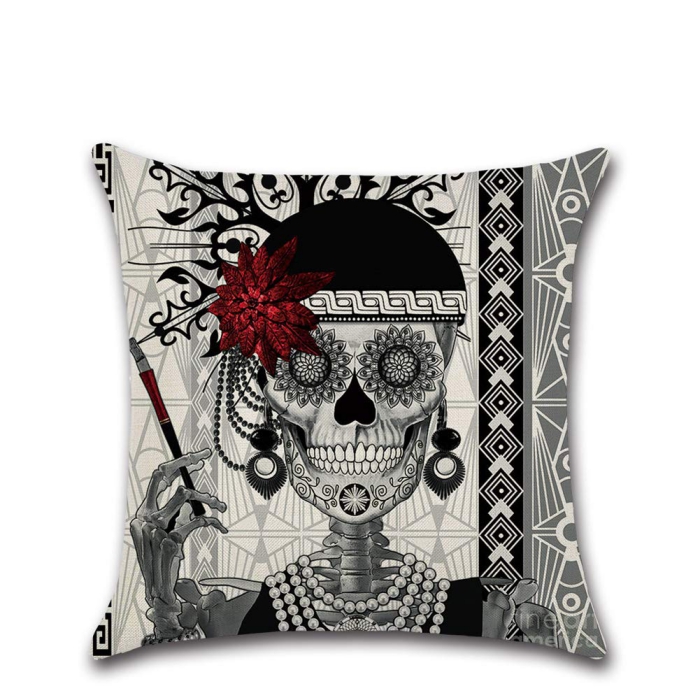 Spooky Halloween cushion cover with a black skeleton with red flower and a cigarette