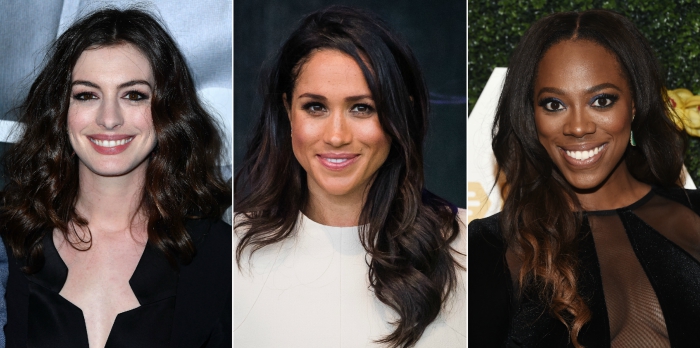 three women celebrities with different skin tones and shades of brown hair