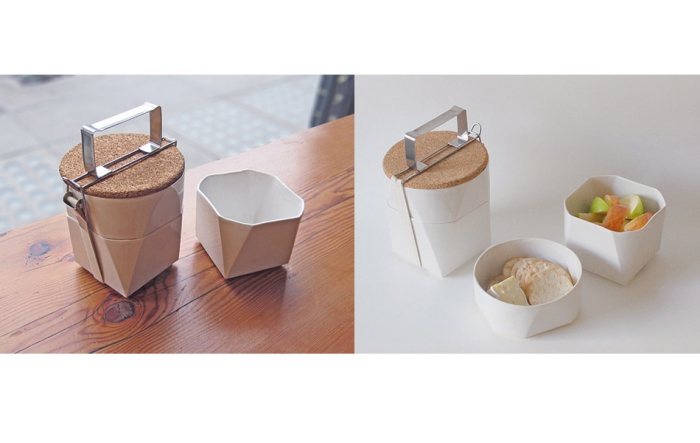 Ceramic lunch box container with cork lid abstract shape stackable 