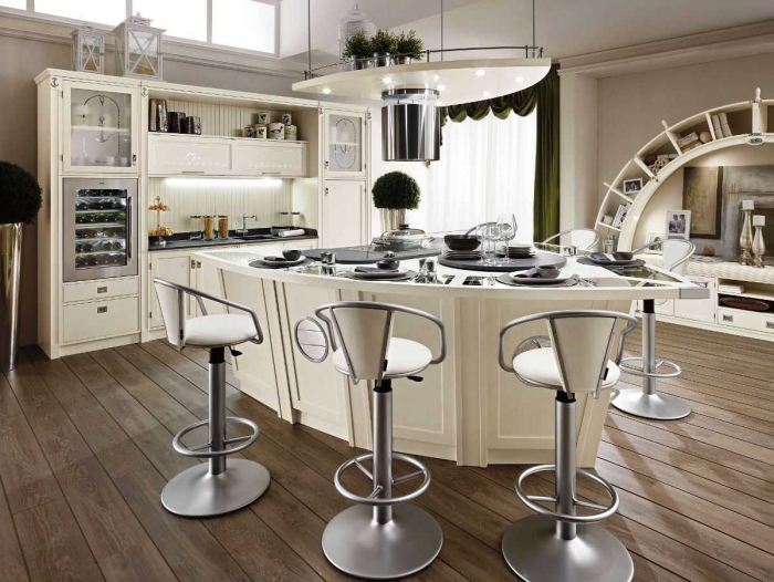 Modern white kitchen design with kitchen island and three high chairs