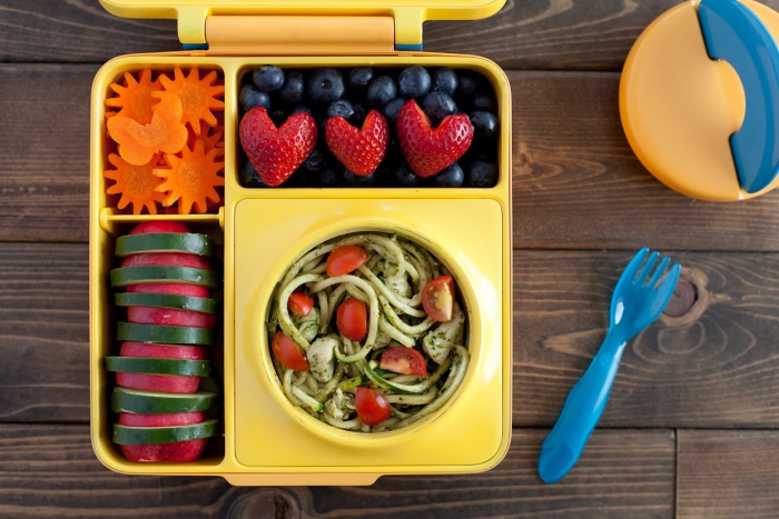 healthy creative lunch yellow lunch box with blue fork portion sizing 