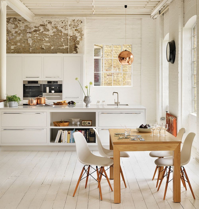 Scandinavian white kitchen with wooden and copper elements