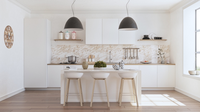 spacious white kitchen with wooden elements 