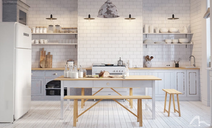 white and wood kitchen with tiles and white floor