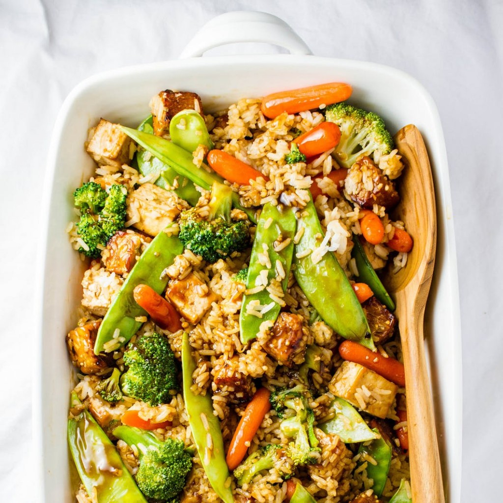 vegan casserole with different vegetables rice and tofu