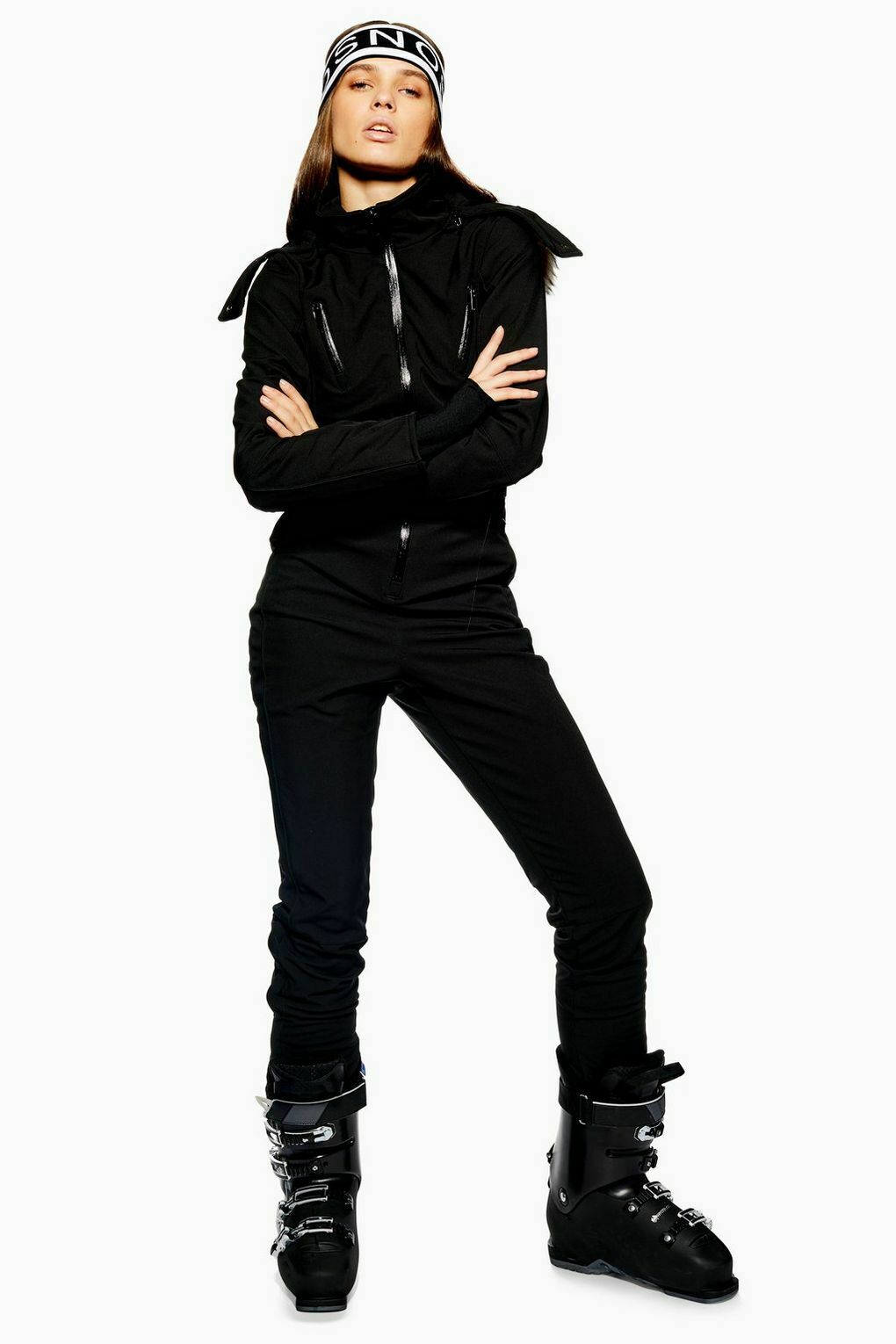 woman in black all in one ski suit 