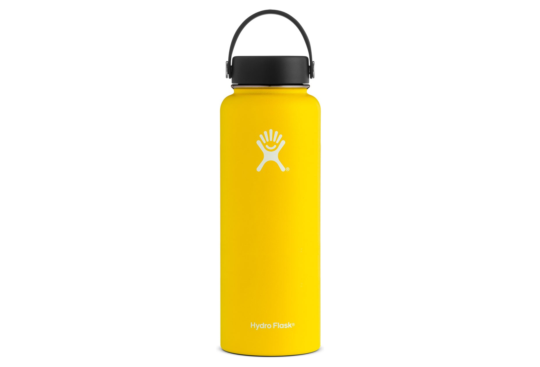 bright yellow water bottle with black cap white background