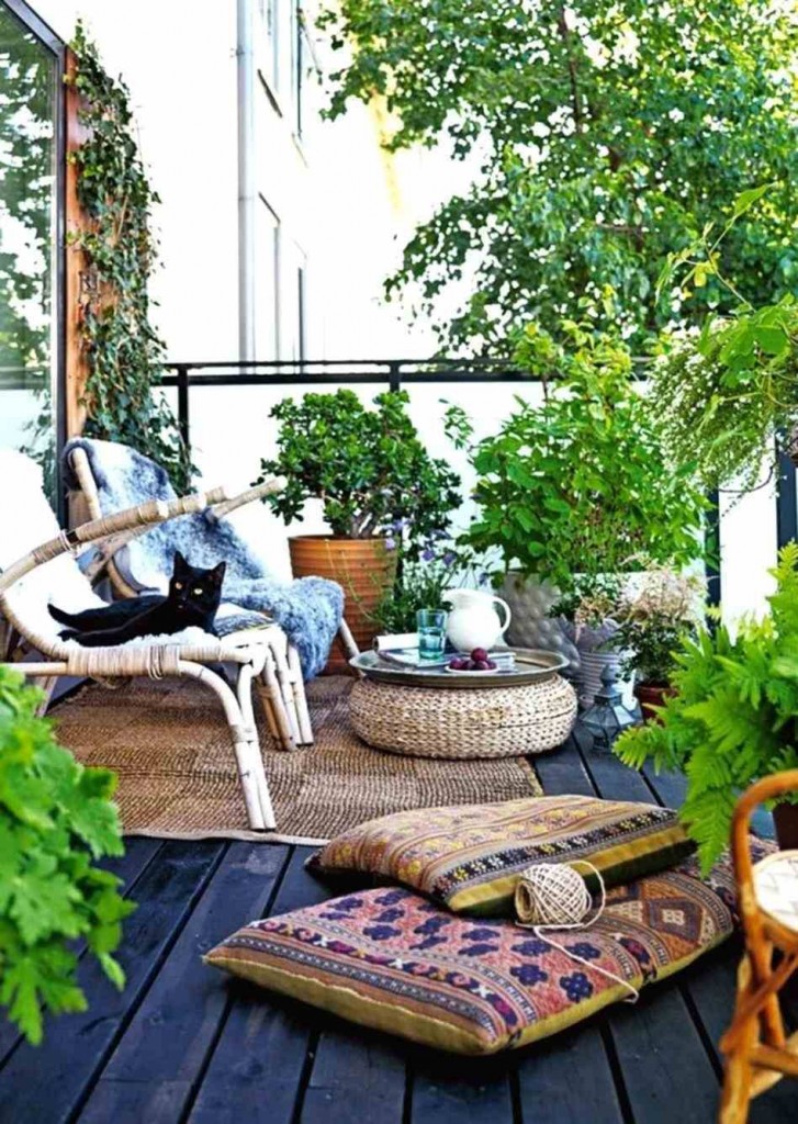 Boho style small urban patio with plants rattan chairs and cushions black cat