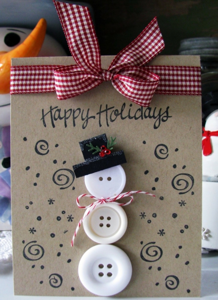 Snowman made from white buttons Christmas card ribbon