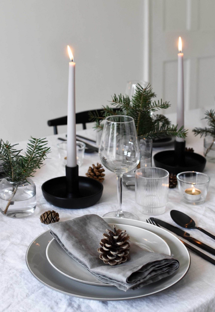 Christmas simple modern table centerpiece inspiration black and grey pinecones