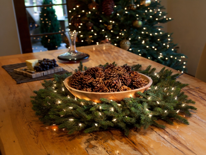 Christmas simple natural table centerpiece bowl pinecones evergreen wreath