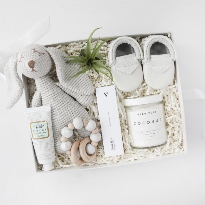 Baby gift box with soft toy rabbit little shoes coconut cosmetics