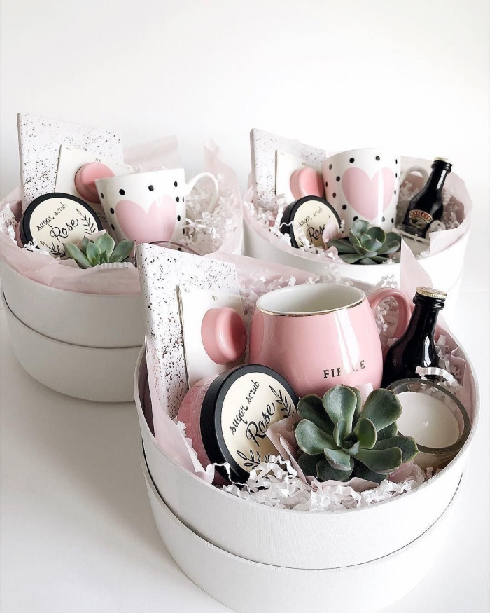 Three cute gift baskets with potted plant mug cosmetics candle 