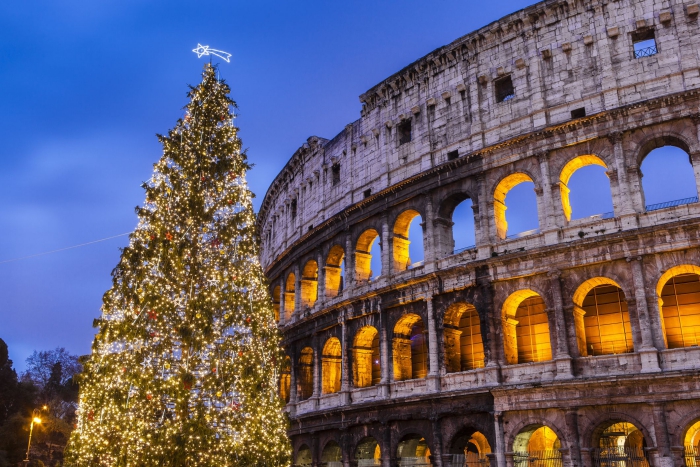 The Colosseum at night large Christmas tree in front