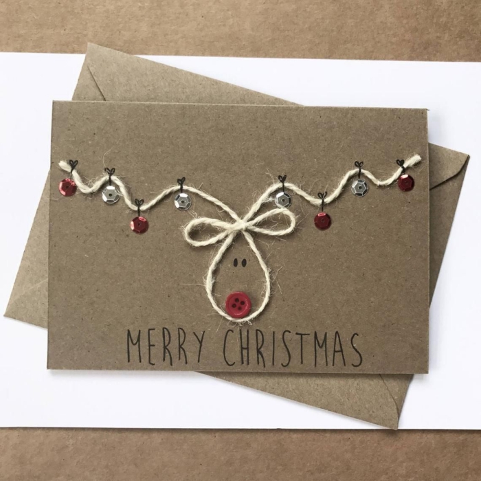 handmade christmas card with rope buttons sequin 