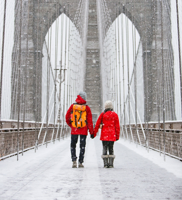 Couple in red jackets in the snow on a bridge holding hands