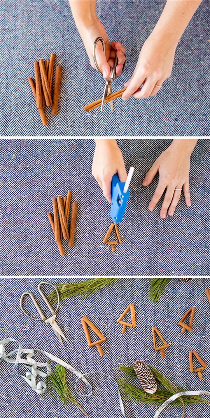 woman crafting with cinnamon sticks scissors glue gun DIY 