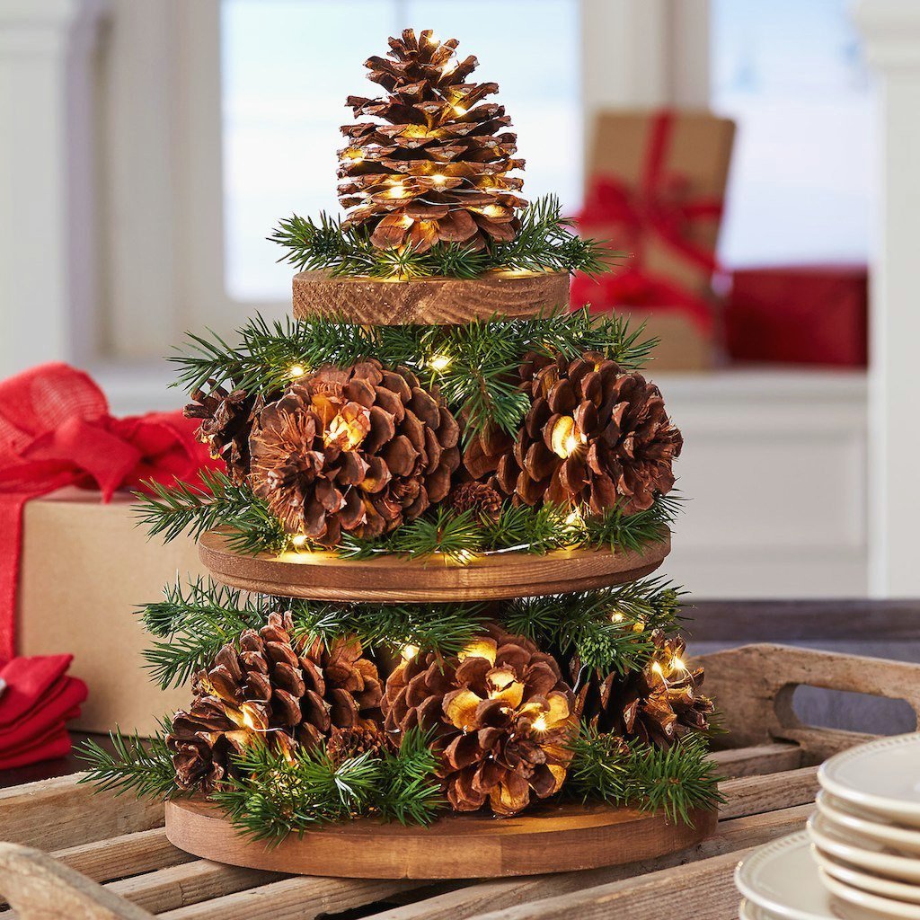 pinecone and green branches decor small christmas tree table decoration