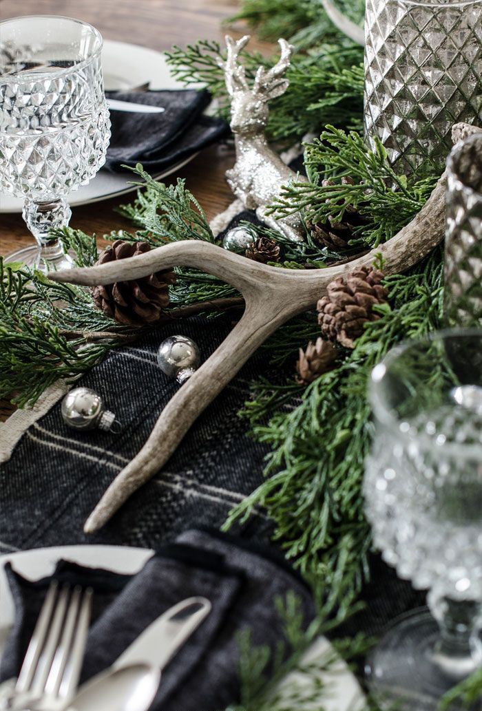 Christmas decoration ideas pinecones green branches horns on a table