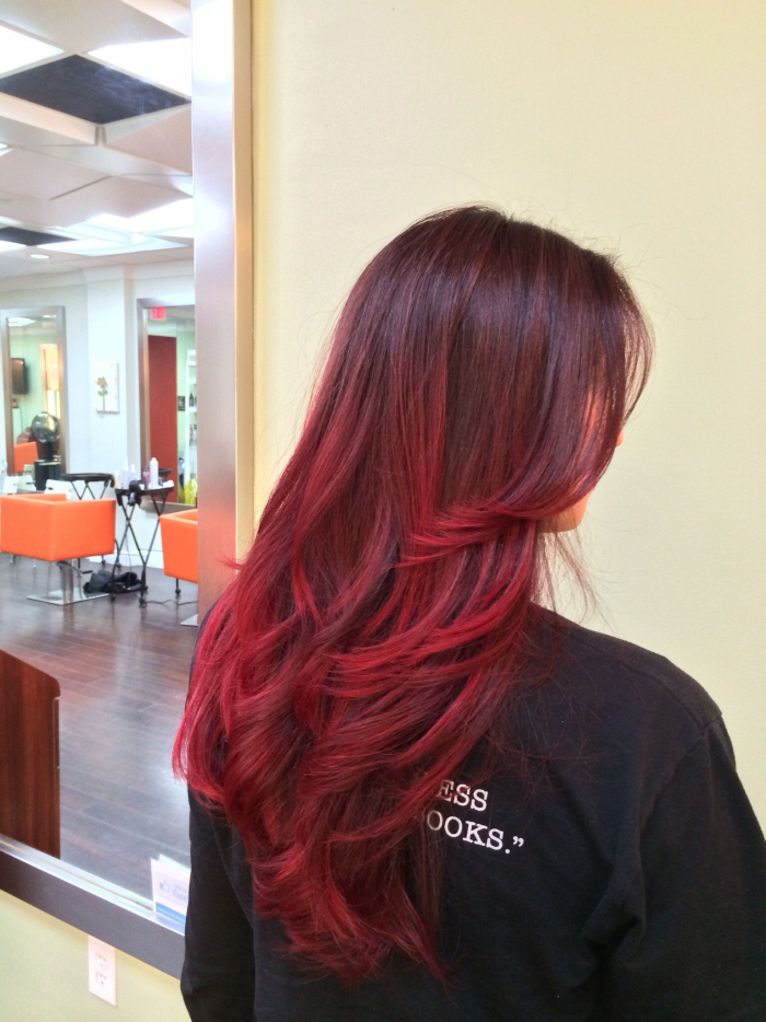 Woman back hair studio long hair red balayage waves