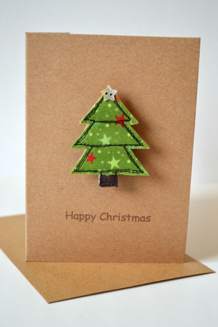 Christmas card with a sewn tree from green fabric