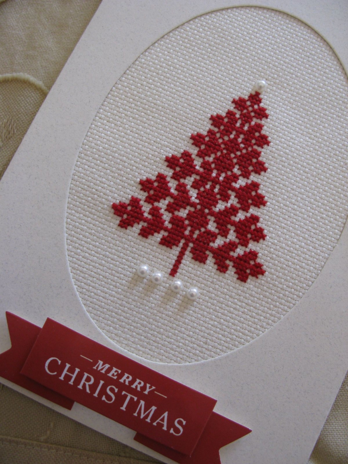 Sewing a Tree DIY Christmas card inspiration embroidery red tree on a white background