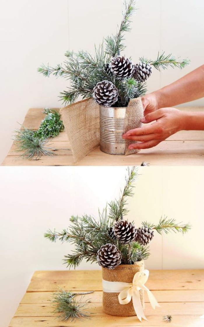 Simple Christmas table Centerpiece idea DIY tin burlap pinecones branches