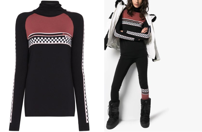 Ski layer trends 2020 checkered print sweater and woman wearing ski layered ski suit