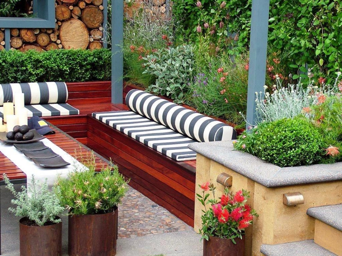  opened back small patio ideas wooden seating greenery